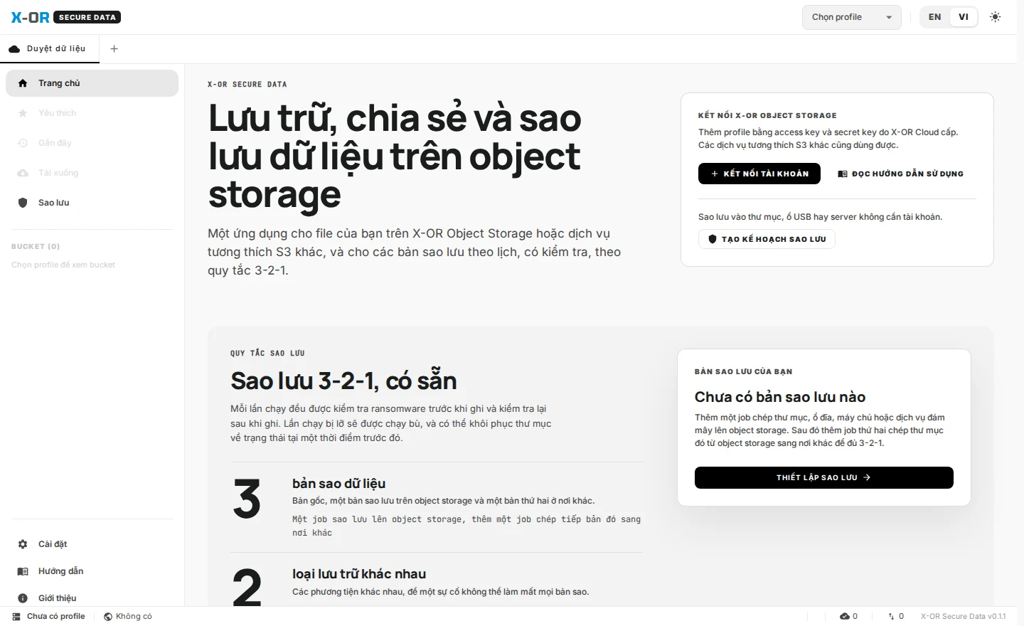 Trang chủ ứng dụng X-OR Secure Data: lưu trữ, chia sẻ và sao lưu dữ liệu trên object storage theo quy tắc 3-2-1