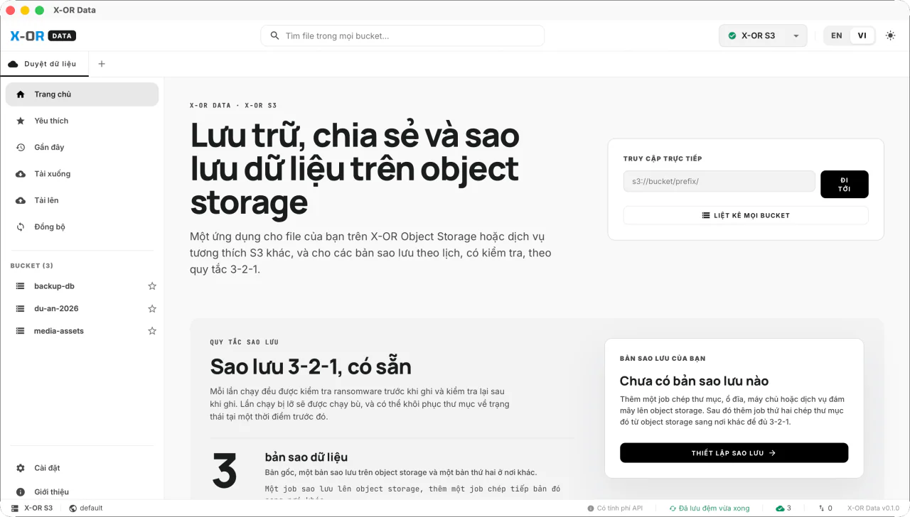 Trang chủ ứng dụng X-OR Data: lưu trữ, chia sẻ và sao lưu dữ liệu trên object storage theo quy tắc 3-2-1